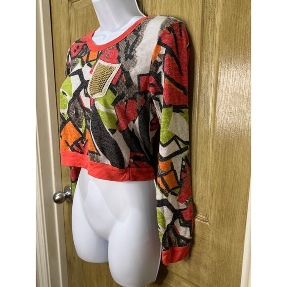 Anthropology Mauve Crop Beaded Pocket Shirt Sweater Abstract Boho Small - Picture 4 of 6